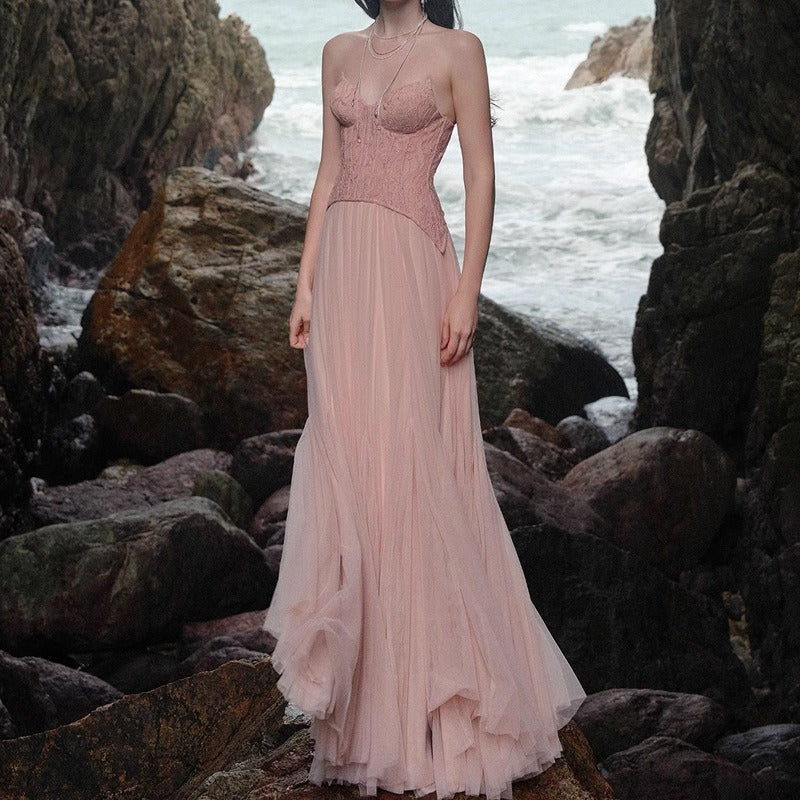 Lace Bone Tube Mesh Flared Prom Dress