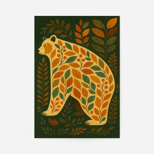 Dark green Bear Folk Art Painting Print, fine art poster, unframed