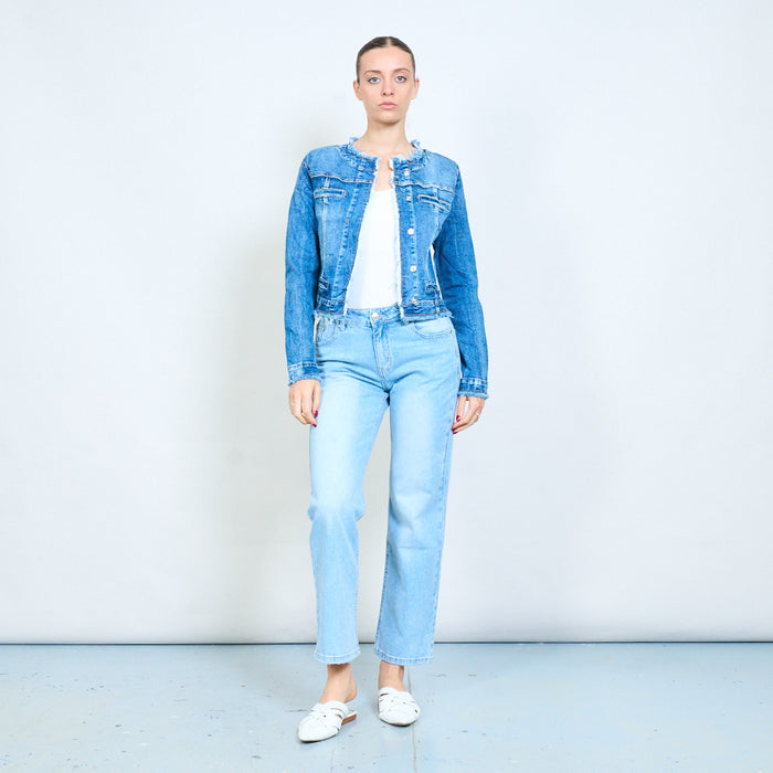 Dark wash cropped denim frayed edge collarless jacket wholesale