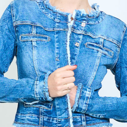 Dark wash cropped denim frayed edge collarless jacket wholesale