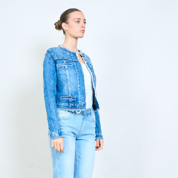 Dark wash cropped denim frayed edge collarless jacket wholesale