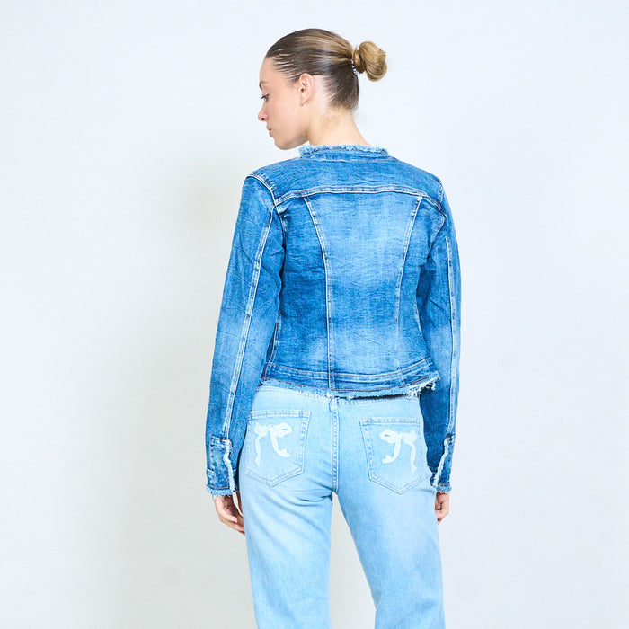 Dark wash cropped denim frayed edge collarless jacket wholesale