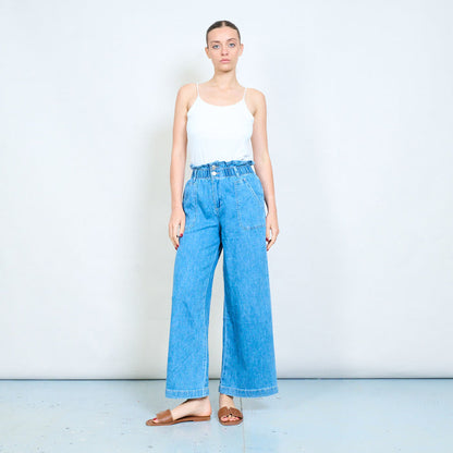 Denim elastic waistband wide leg jeans with patch pockets wholesale