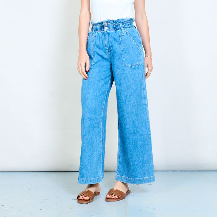 Denim elastic waistband wide leg jeans with patch pockets wholesale