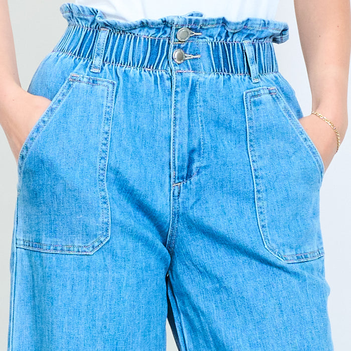 Denim elastic waistband wide leg jeans with patch pockets wholesale