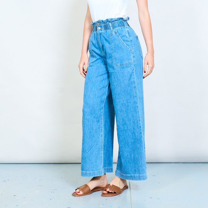 Denim elastic waistband wide leg jeans with patch pockets wholesale