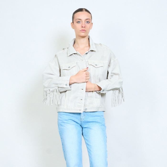 Denim embellished with fringe back jacket wholesale