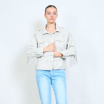Denim embellished with fringe back jacket wholesale