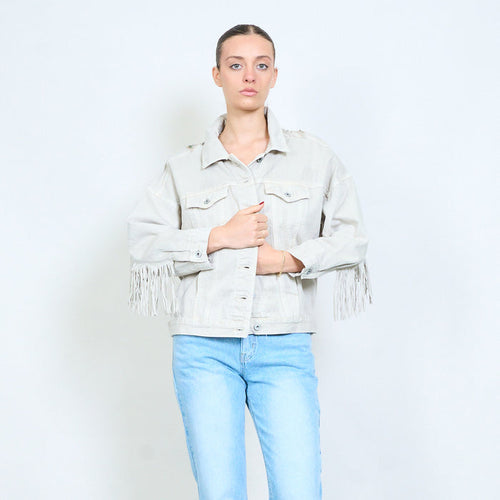 Denim embellished with fringe back jacket wholesale