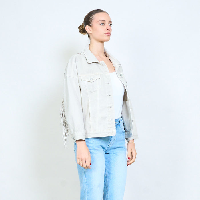 Denim embellished with fringe back jacket wholesale