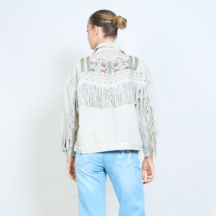 Denim embellished with fringe back jacket wholesale