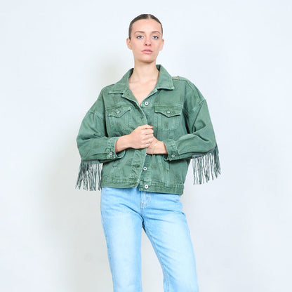 Denim embellished with fringe back jacket wholesale