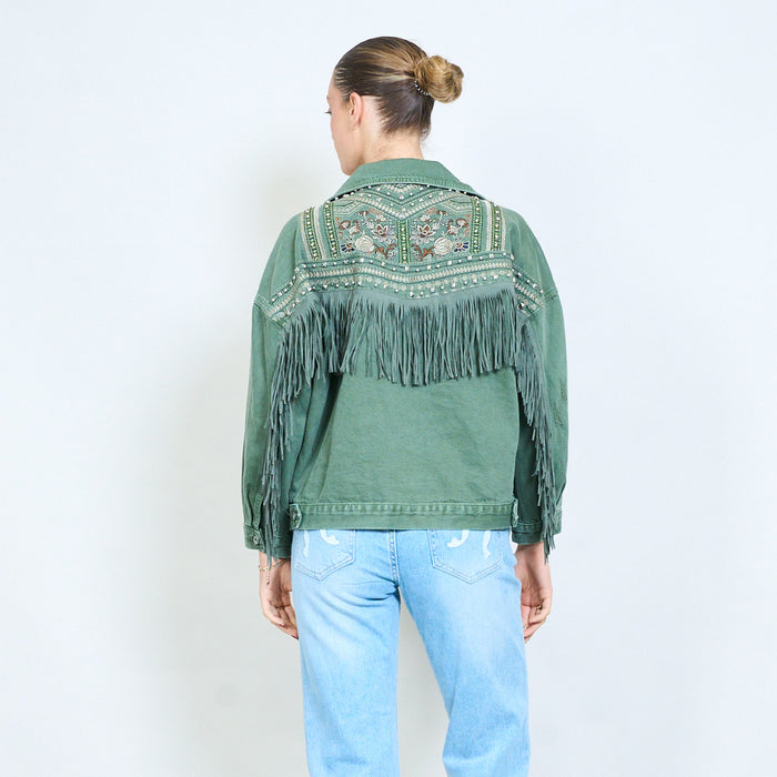 Denim embellished with fringe back jacket wholesale
