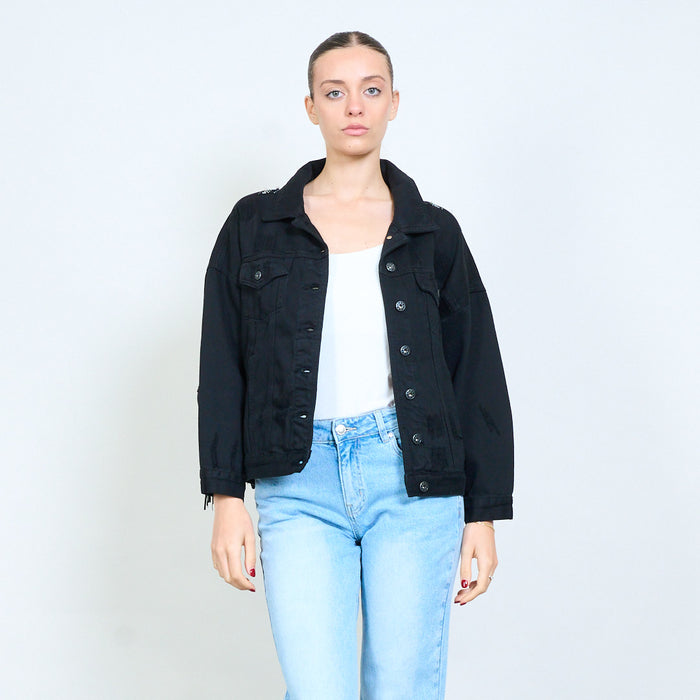 Denim embellished with fringe back jacket wholesale