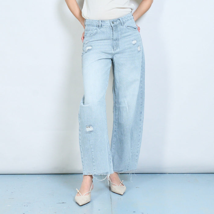 Distressed high-rise raw-hem wide-leg denim jeans wholesale