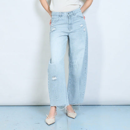 Distressed high-rise raw-hem wide-leg denim jeans wholesale