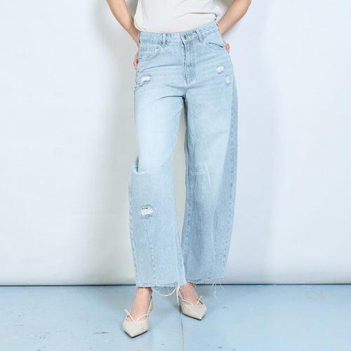 Distressed high-rise raw-hem wide-leg denim jeans wholesale