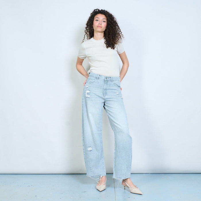 Distressed high-rise raw-hem wide-leg denim jeans wholesale