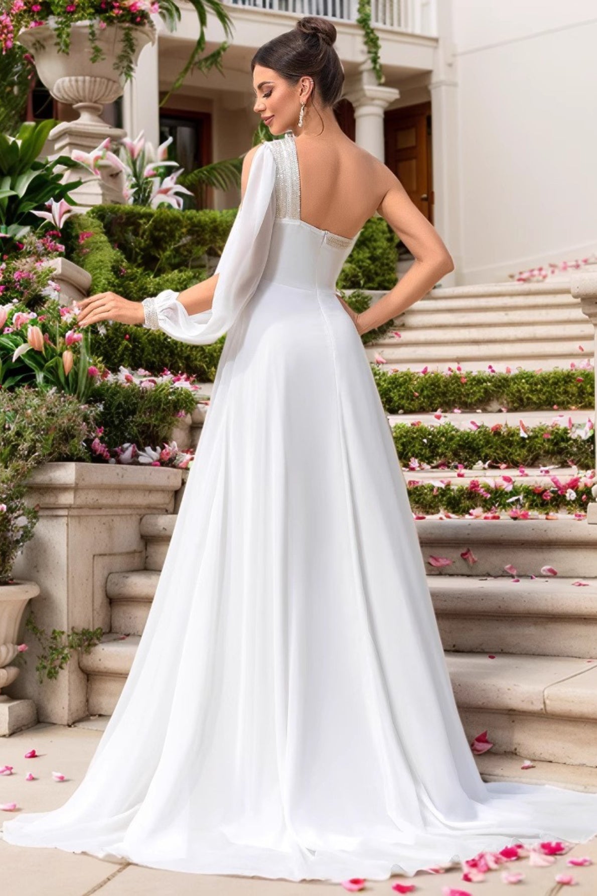 Asymmetric Gown Chiffon One Sleeve Prom Dress