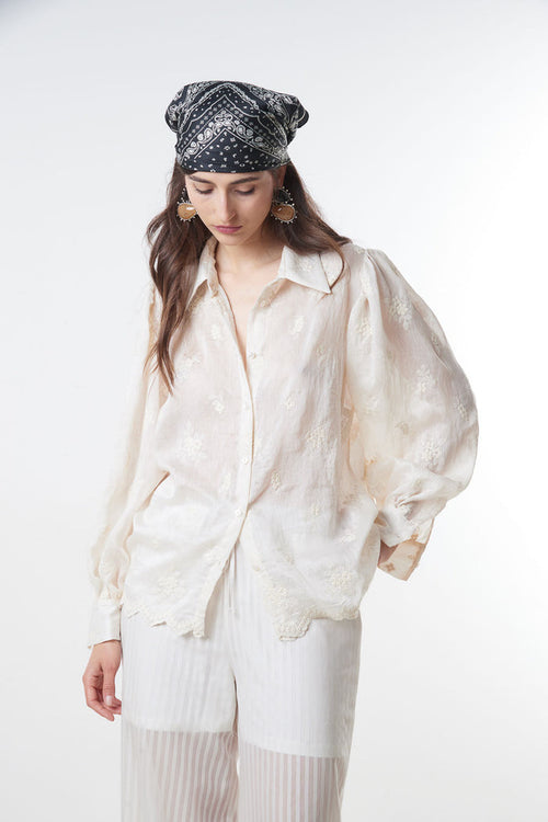 Embroidered scalloped hem button down shirt wholesale