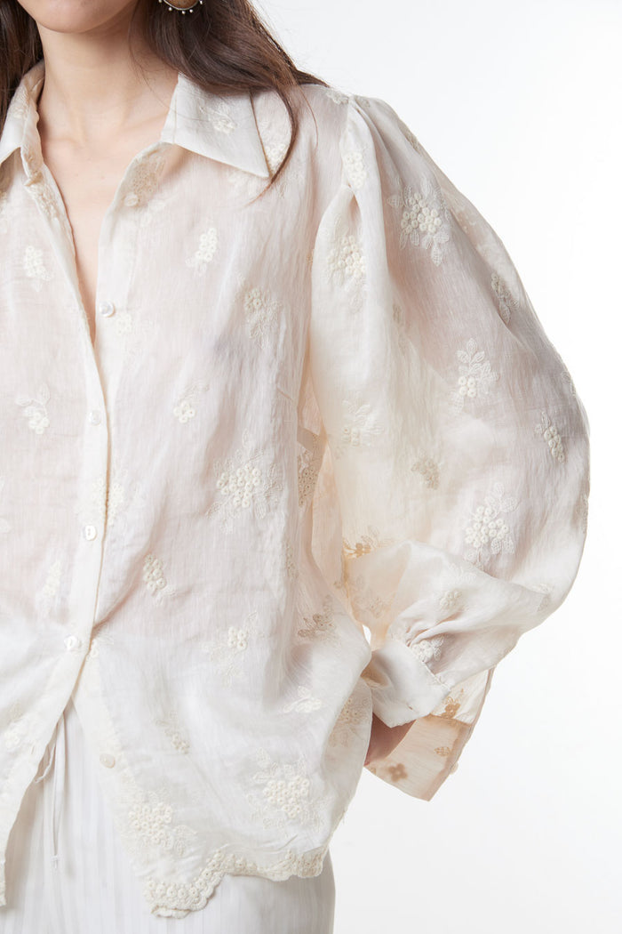 Embroidered scalloped hem button down shirt wholesale