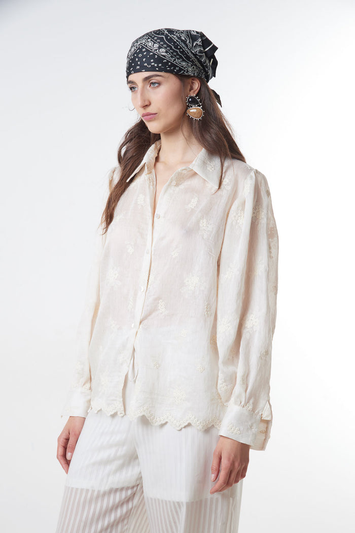 Embroidered scalloped hem button down shirt wholesale