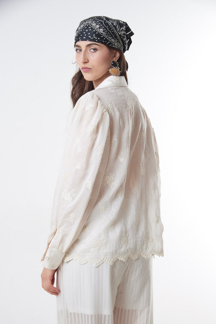 Embroidered scalloped hem button down shirt wholesale