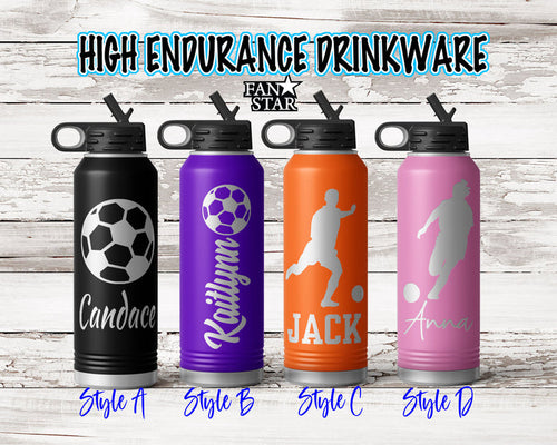 Engraved Soccer Stainless Steel Water Bottle, Choose Your Customizations