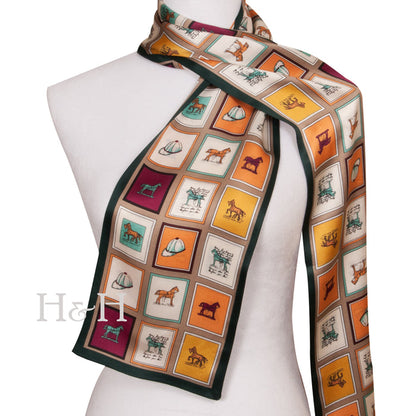 Equestrian Squares Long Silk Scarf – Taupe - 58" long