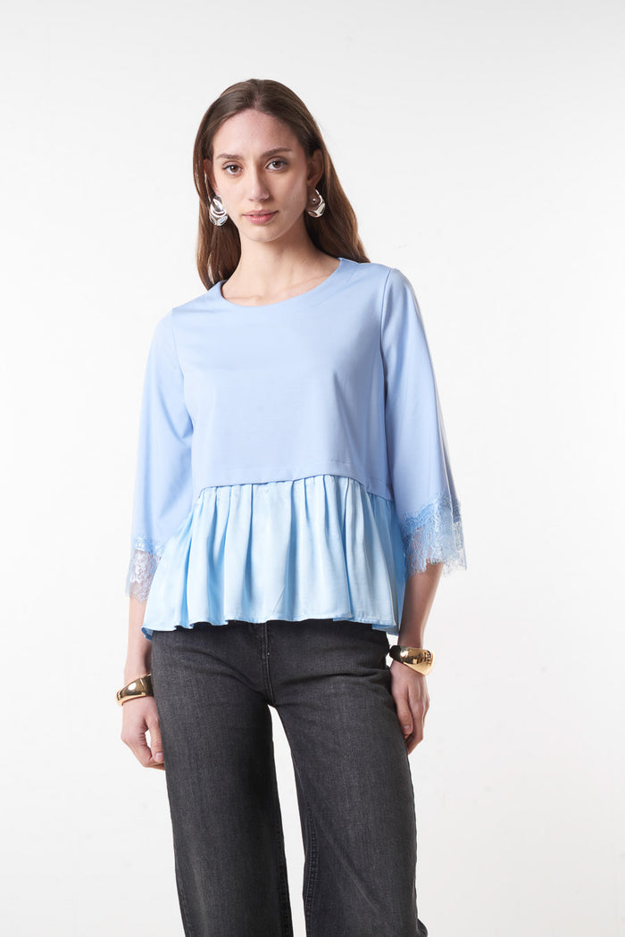 Flared peplum blouse with lace sleeve detail wholesale
