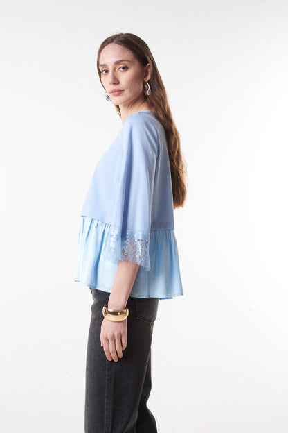 Flared peplum blouse with lace sleeve detail wholesale