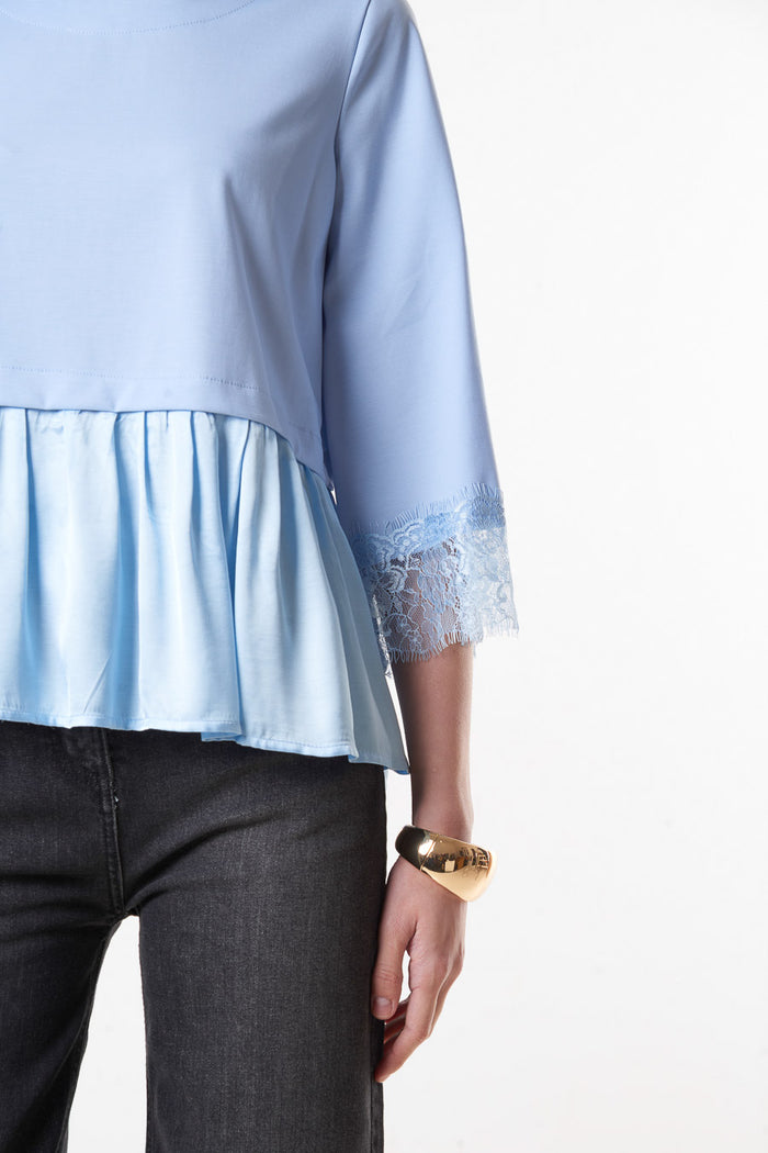 Flared peplum blouse with lace sleeve detail wholesale