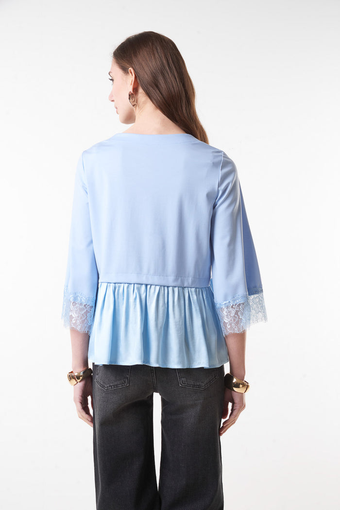Flared peplum blouse with lace sleeve detail wholesale