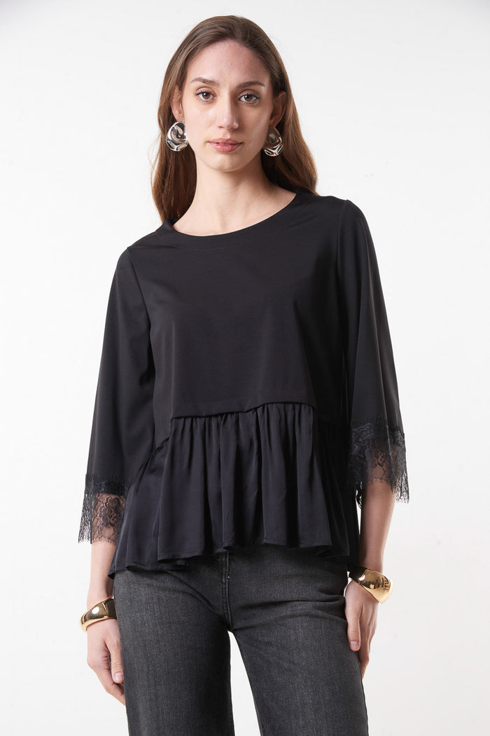 Flared peplum blouse with lace sleeve detail wholesale