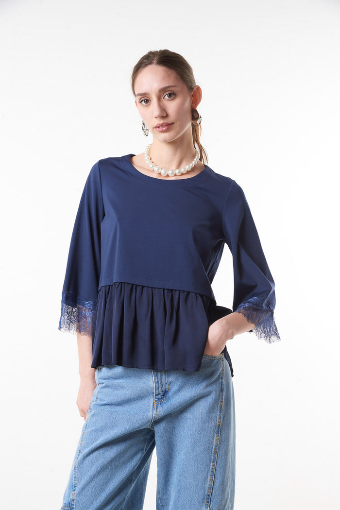 Flared peplum blouse with lace sleeve detail wholesale