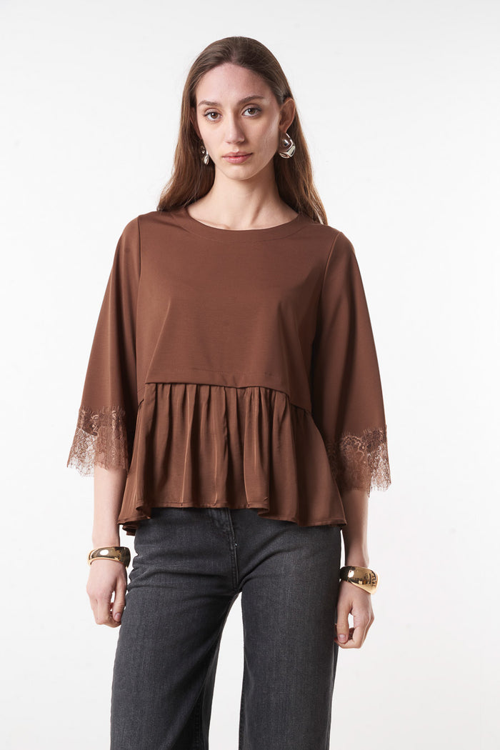 Flared peplum blouse with lace sleeve detail wholesale