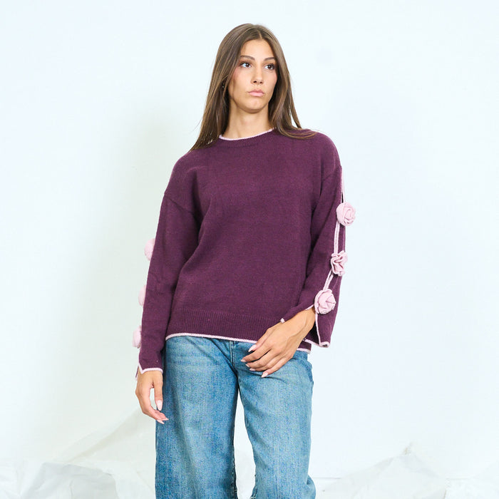 Floral appliqué side knit sweater wholesale