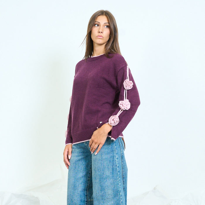Floral appliqué side knit sweater wholesale