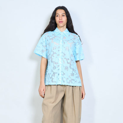 Floral lace short sleeve button down shirt wholesale