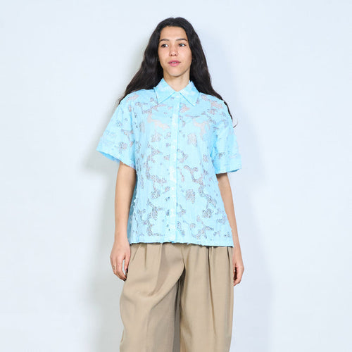 Floral lace short sleeve button down shirt wholesale