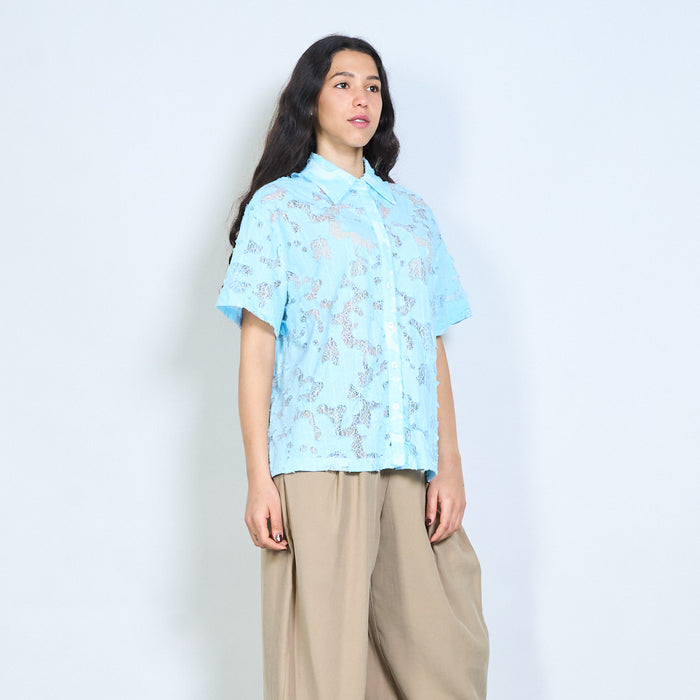 Floral lace short sleeve button down shirt wholesale