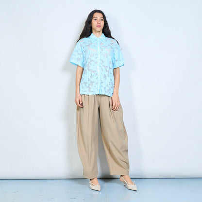 Floral lace short sleeve button down shirt wholesale
