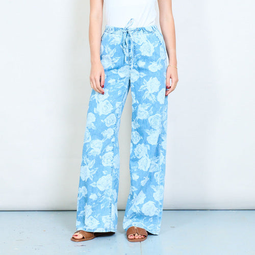 Floral print denim drawstring wide leg pants wholesale