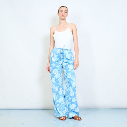 Floral print denim drawstring wide leg pants wholesale