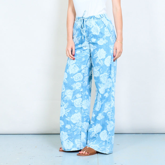 Floral print denim drawstring wide leg pants wholesale