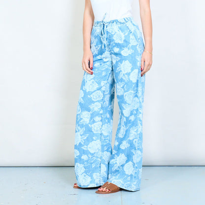 Floral print denim drawstring wide leg pants wholesale