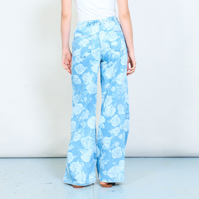 Floral print denim drawstring wide leg pants wholesale