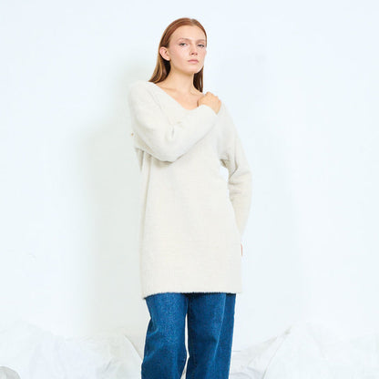 Fuzzy V-neck long sweater wholesale