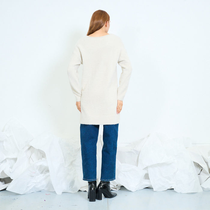 Fuzzy V-neck long sweater wholesale