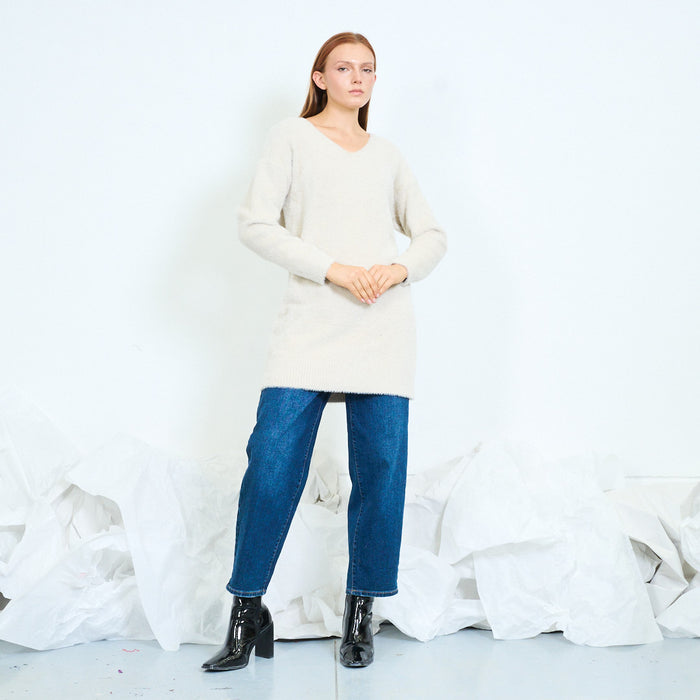 Fuzzy V-neck long sweater wholesale